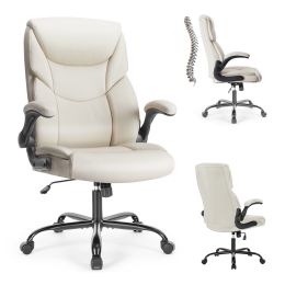 Sweetcrispy Executive Office PU Leather Desk Chair High Back Flip-Up Armrest Adjustable Ergonomic Home Office Chair (Color: as Pic)