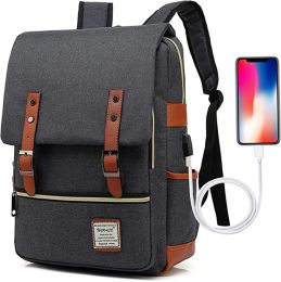Vintage Laptop Backpack with USB Charging Port, Water Resistant Travelling Backpack (Color: black)
