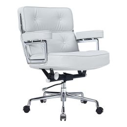Lobby Genuine Leather Executive chair office Aluminum Alloy Base Swivel (Color: White)