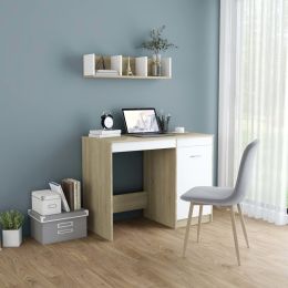 Desk White and Sonoma Oak 39.4"x19.7"x29.9" Engineered Wood (Color: Beige)