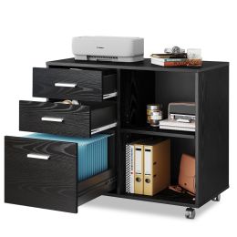 3-Drawer Wood File Cabinet, Mobile Lateral Filing Cabinet, Printer Stand with Open Storage Shelves for Home Office, Black (Color: as Pic)